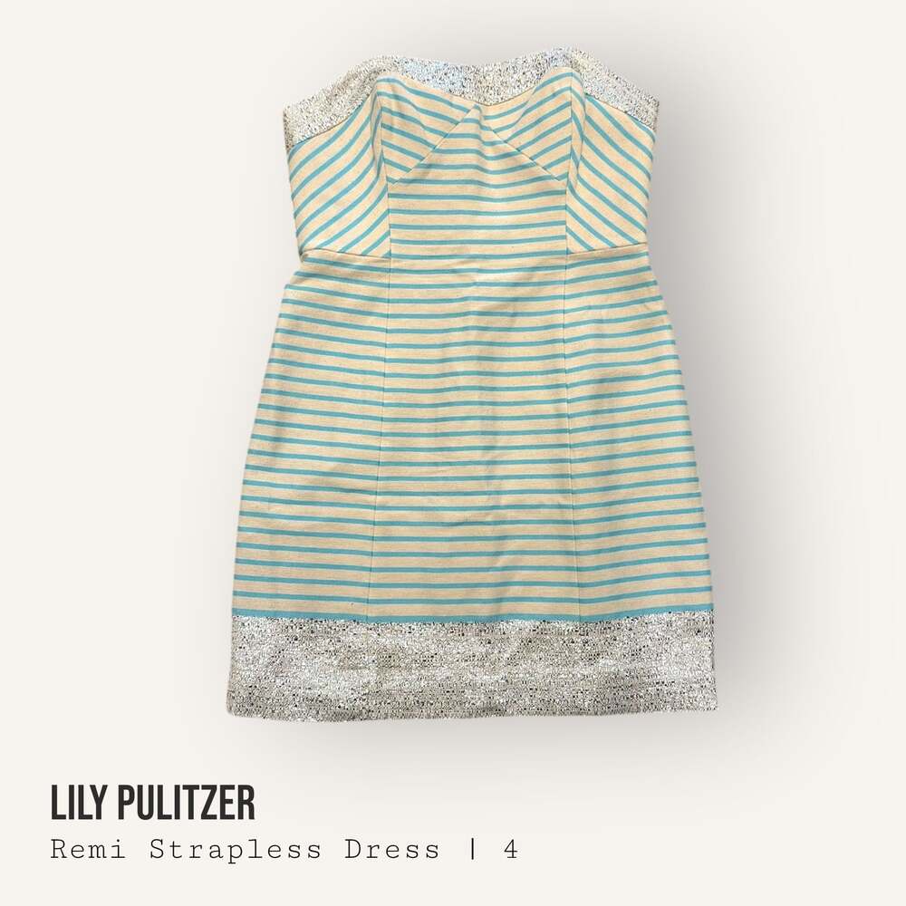 Lilly Pulitzer Remi Strapless Mini Dress Blue Horizon Bayview Stripe Metallic 4